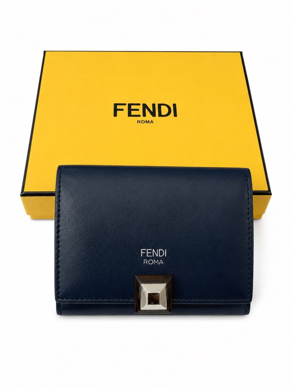 Authentic Fendi Kan I Compact Wallet Navy Blue Leather | Box & COA